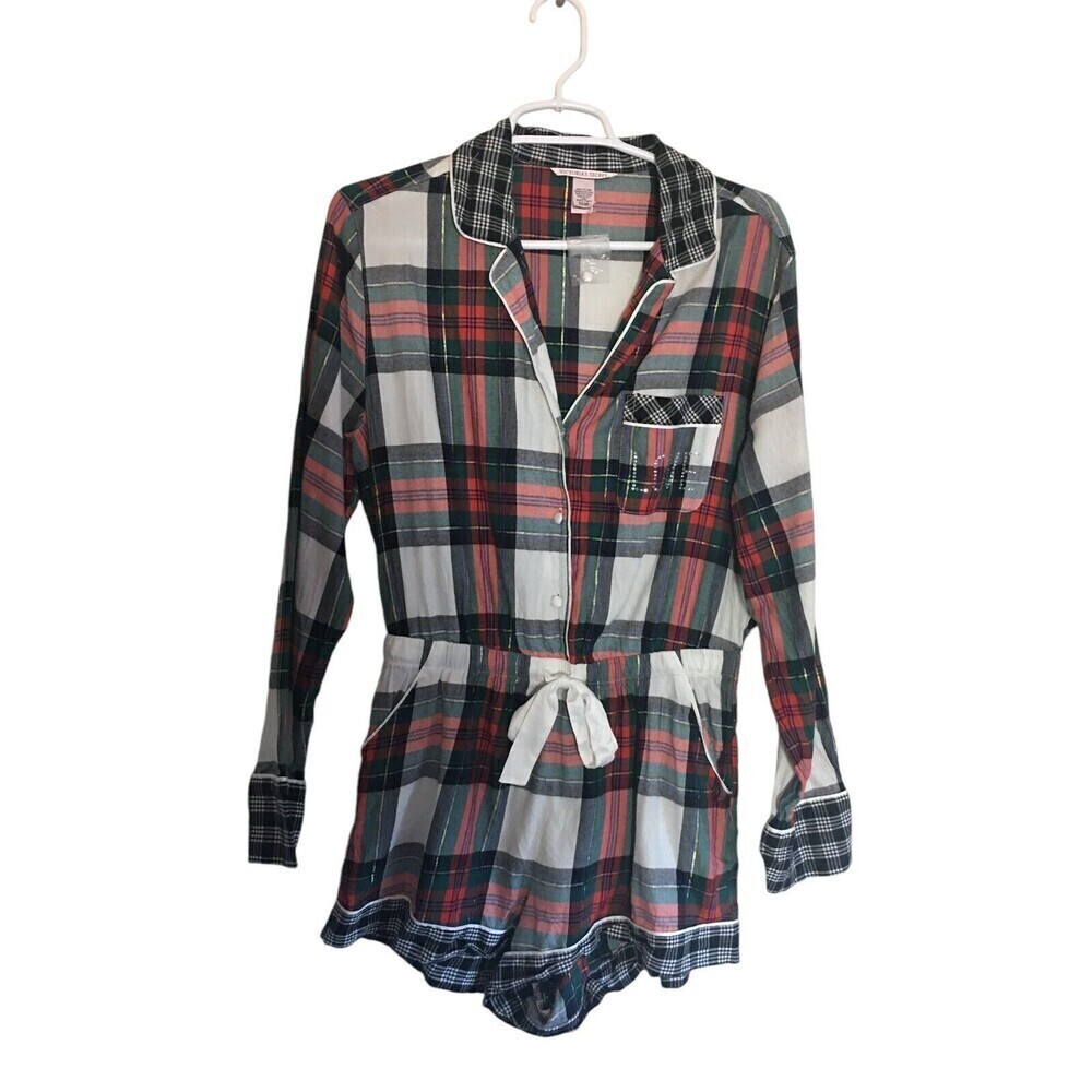 Victoria's Secret Romper Women's Size Small Red Plaid Button Up Cotton Blend